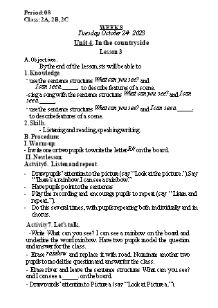 Kế hoạch bài dạy Tiếng Anh Lớp 2 - Tuần 8. Unit 4: In the countryside - Lesson 3. Period 8 - Năm học 2023-2024 - Nguyễn Lê Vân Anh