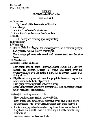 Kế hoạch bài dạy Tiếng Anh Lớp 2 - Tuần 9: Review 1 - Period 9 - Năm học 2023-2024 - Nguyễn Lê Vân Anh