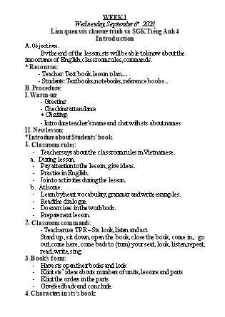 Kế hoạch bài dạy Tiếng Anh Lớp 4 - Tuần 1: Starter - Năm học 2023-2024 - Nguyễn Lê Vân Anh