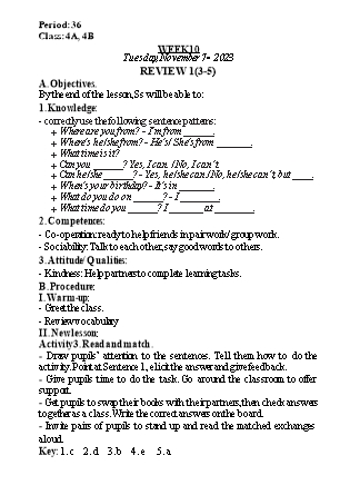Kế hoạch bài dạy Tiếng Anh Lớp 4 - Tuần 10 - Unit 6: Our school facilities - Năm học 2023-2024 - Nguyễn Lê Vân Anh
