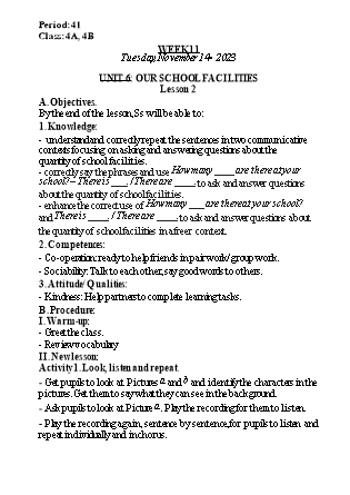 Kế hoạch bài dạy Tiếng Anh Lớp 4 - Tuần 11 - Unit 6 + Unit 7 - Năm học 2023-2024 - Nguyễn Lê Vân Anh