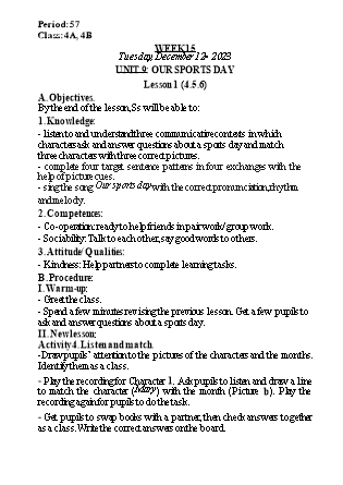 Kế hoạch bài dạy Tiếng Anh Lớp 4 - Tuần 15 - Unit 9: Our sports day - Năm học 2023-2024 - Nguyễn Lê Vân Anh