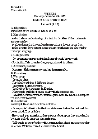 Kế hoạch bài dạy Tiếng Anh Lớp 4 - Tuần 16 - Unit 9 + Unit 10 - Năm học 2023-2024 - Nguyễn Lê Vân Anh