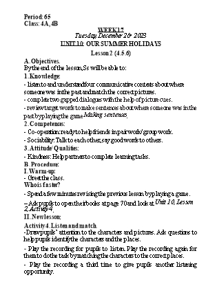 Kế hoạch bài dạy Tiếng Anh Lớp 4 - Tuần 17 - Unit 10 + Review 2 - Năm học 2023-2024 - Nguyễn Lê Vân Anh