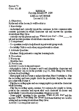 Kế hoạch bài dạy Tiếng Anh Lớp 4 - Tuần 19 - Unit 11: My home - Năm học 2023-2024 - Nguyễn Lê Vân Anh