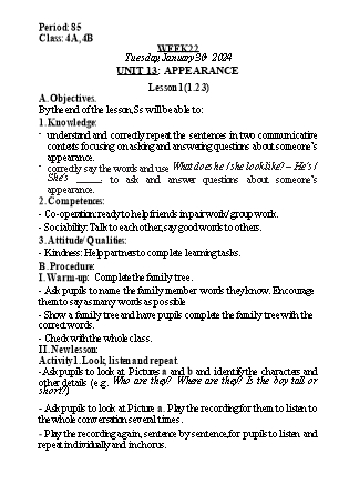 Kế hoạch bài dạy Tiếng Anh Lớp 4 - Tuần 22 - Unit 13: Appearance - Năm học 2023-2024 - Nguyễn Lê Vân Anh