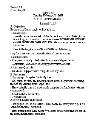 Kế hoạch bài dạy Tiếng Anh Lớp 4 - Tuần 23 - Unit 13 + Unit 14 - Năm học 2023-2024 - Nguyễn Lê Vân Anh