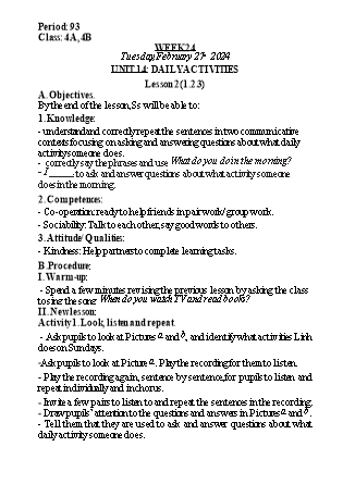 Kế hoạch bài dạy Tiếng Anh Lớp 4 - Tuần 24 - Unit 14: Daily activities - Năm học 2023-2024 - Nguyễn Lê Vân Anh