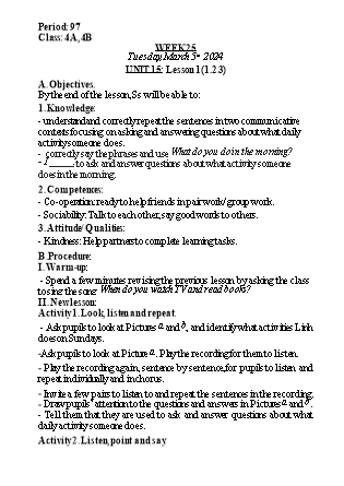 Kế hoạch bài dạy Tiếng Anh Lớp 4 - Tuần 25. Unit 15 - Năm học 2023-2024 - Nguyễn Lê Vân Anh