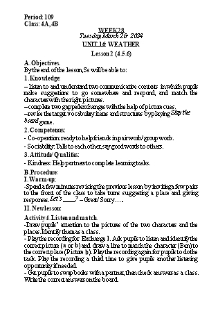 Kế hoạch bài dạy Tiếng Anh Lớp 4 - Tuần 28 - Unit 16 + Unit 17 - Năm học 2023-2024 - Nguyễn Lê Vân Anh