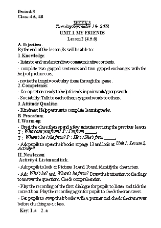 Kế hoạch bài dạy Tiếng Anh Lớp 4 - Tuần 3 - Unit 1 + Unit 2 - Năm học 2023-2024 - Nguyễn Lê Vân Anh