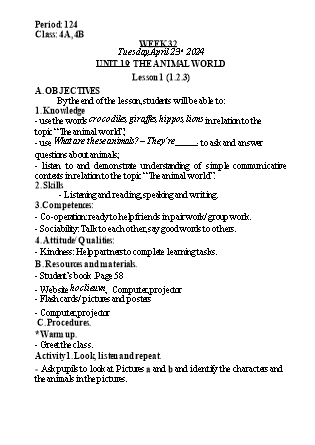 Kế hoạch bài dạy Tiếng Anh Lớp 4 - Tuần 32 - Unit 19: The animal world - Năm học 2023-2024 - Nguyễn Lê Vân Anh