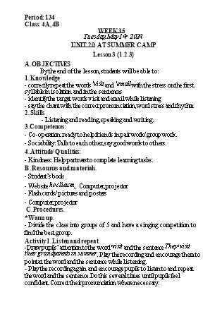 Kế hoạch bài dạy Tiếng Anh Lớp 4 - Tuần 36 - Unit 20: At the summer camp - Năm học 2023-2024 - Nguyễn Lê Vân Anh