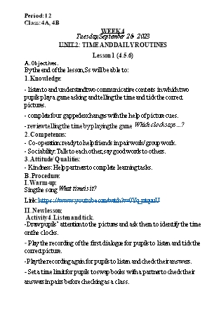 Kế hoạch bài dạy Tiếng Anh Lớp 4 - Tuần 4 - Unit 2: Time and daily routines - Năm học 2023-2024 - Nguyễn Thị Huế