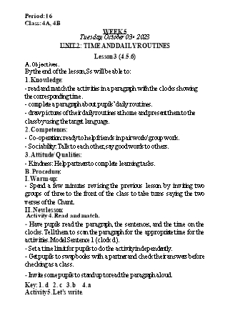 Kế hoạch bài dạy Tiếng Anh Lớp 4 - Tuần 5 - Unit 2 + Unit 3 - Năm học 2023-2024 - Nguyễn Lê Vân Anh