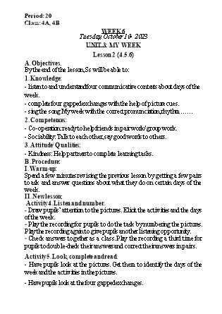 Kế hoạch bài dạy Tiếng Anh Lớp 4 - Tuần 6 - Unit 3 + Unit 4 - Năm học 2023-2024 - Nguyễn Lê Vân Anh
