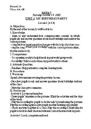 Kế hoạch bài dạy Tiếng Anh Lớp 4 - Tuần 7 - Unit 4: My birthday party - Năm học 2023-2024 - Nguyễn Lê Vân Anh