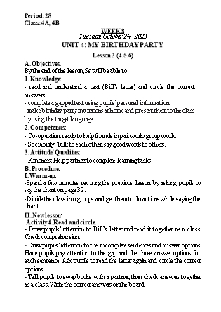 Kế hoạch bài dạy Tiếng Anh Lớp 4 - Tuần 8 - Unit 4 + Unit 5 - Năm học 2023-2024 - Nguyễn Lê Vân Anh