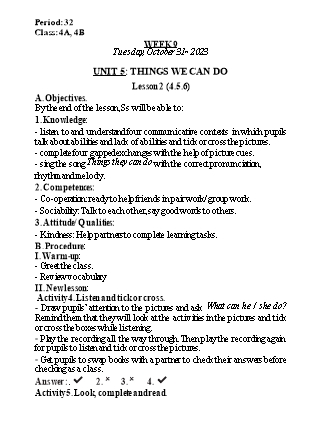 Kế hoạch bài dạy Tiếng Anh Lớp 4 - Tuần 9 - Unit 5 + Review - Năm học 2023-2024 - Nguyễn Lê Vân Anh