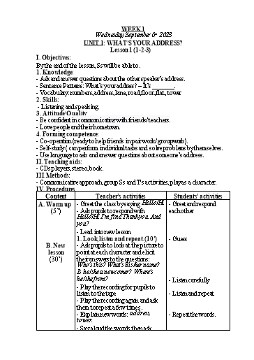 Kế hoạch bài dạy Tiếng Anh Lớp 5 - Tuần 1 - Unit 1: Whats your address - Năm học 2023-2024 - Nguyễn Lê Vân Anh