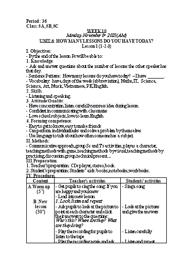 Kế hoạch bài dạy Tiếng Anh Lớp 5 - Tuần 10 - Unit 6: How many lessons do you have today - Năm học 2023-2024 - Nguyễn Lê Vân Anh
