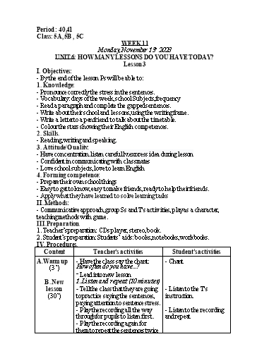 Kế hoạch bài dạy Tiếng Anh Lớp 5 - Tuần 11 - Unit 6 + Unit 7 - Năm học 2023-2024 - Nguyễn Lê Vân Anh