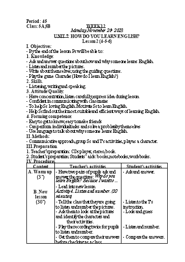Kế hoạch bài dạy Tiếng Anh Lớp 5 - Tuần 12 - Unit 7 + Unit 8 - Năm học 2023-2024 - Nguyễn Lê Vân Anh