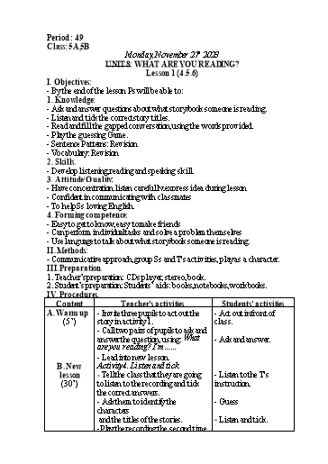 Kế hoạch bài dạy Tiếng Anh Lớp 5 - Tuần 13 - Unit 8: What are you reading - Năm học 2023-2024 - Nguyễn Lê Vân Anh