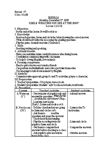 Kế hoạch bài dạy Tiếng Anh Lớp 5 - Tuần 15 - Unit 9 + Unit 10 - Năm học 2023-2024 - Nguyễn Lê Vân Anh