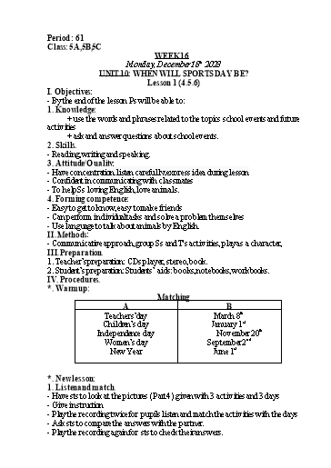 Kế hoạch bài dạy Tiếng Anh Lớp 5 - Tuần 16 - Unit 10: When will sports day be - Năm học 2023-2024 - Nguyễn Lê Vân Anh