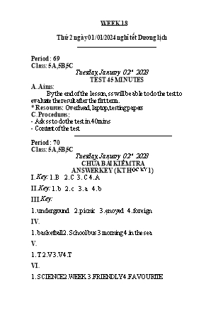 Kế hoạch bài dạy Tiếng Anh Lớp 5 - Tuần 18 - Test - Năm học 2023-2024 - Nguyễn Lê Vân Anh