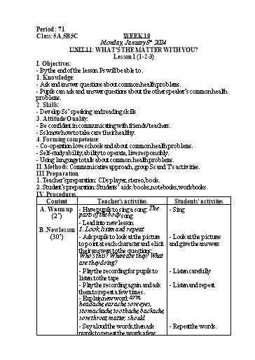 Kế hoạch bài dạy Tiếng Anh Lớp 5 - Tuần 19 - Unit 11: Whats the matter with you - Năm học 2023-2024 - Nguyễn Lê Vân Anh