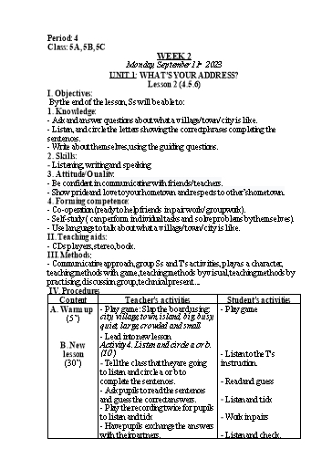 Kế hoạch bài dạy Tiếng Anh Lớp 5 - Tuần 2 - Unit 1 + Unit 2 - Năm học 2023-2024 - Nguyễn Lê Vân Anh
