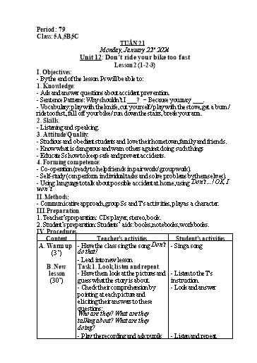 Kế hoạch bài dạy Tiếng Anh Lớp 5 - Tuần 21 - Unit 12: Dont ride your bike too fast - Năm học 2023-2024 - Nguyễn Lê Vân Anh
