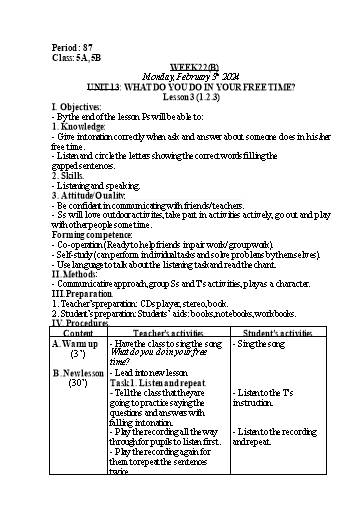Kế hoạch bài dạy Tiếng Anh Lớp 5 - Tuần 22 - Unit 13: What do you do in your free time - Năm học 2023-2024 - Nguyễn Lê Vân Anh