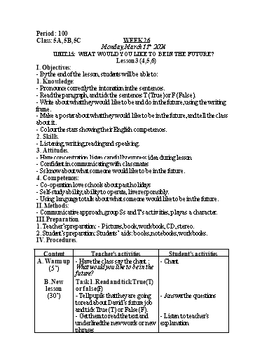 Kế hoạch bài dạy Tiếng Anh Lớp 5 - Tuần 26 - Unit 15 + Review 3 - Năm học 2023-2024 - Nguyễn Lê Vân Anh