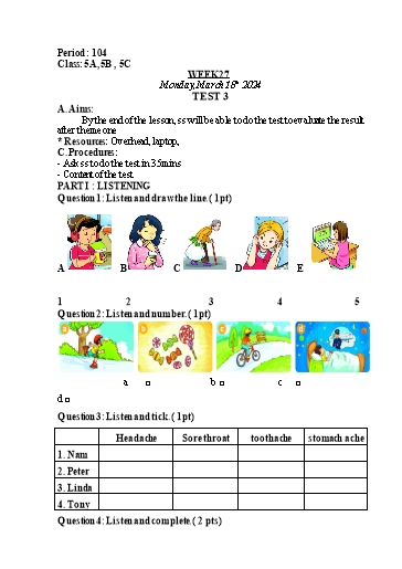 Kế hoạch bài dạy Tiếng Anh Lớp 5 - Tuần 27 - Test 3 + Unit 16 - Năm học 2023-2024 - Nguyễn Lê Vân Anh