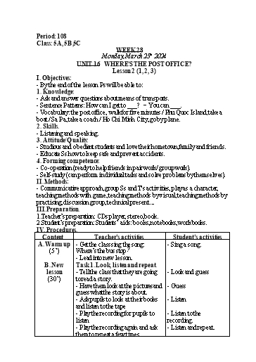 Kế hoạch bài dạy Tiếng Anh Lớp 5 - Tuần 28 - Unit 16: Wheres the post office - Năm học 2023-2024 - Nguyễn Lê Vân Anh