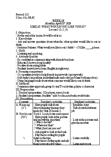 Kế hoạch bài dạy Tiếng Anh Lớp 5 - Tuần 29 - Unit 17: What would you like to eat - Năm học 2023-2024 - Nguyễn Lê Vân Anh