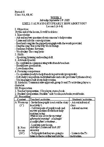 Kế hoạch bài dạy Tiếng Anh Lớp 5 - Tuần 3 - Unit 2: I always get up early. How about you - Năm học 2023-2024 - Nguyễn Lê Vân Anh
