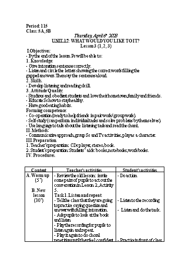Kế hoạch bài dạy Tiếng Anh Lớp 5 - Tuần 30 - Unit 17 + Unit 18 - Năm học 2023-2024 - Nguyễn Lê Vân Anh