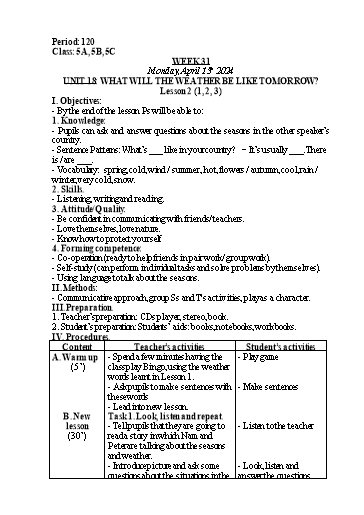 Kế hoạch bài dạy Tiếng Anh Lớp 5 - Tuần 31 - Unit 18: What will the weather be like tomorrow - Năm học 2023-2024 - Nguyễn Lê Vân Anh