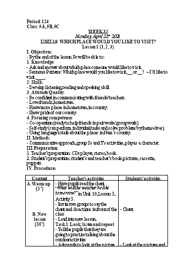 Kế hoạch bài dạy Tiếng Anh Lớp 5 - Tuần 32 - Unit 19: Which place would you like to visit - Năm học 2023-2024 - Nguyễn Lê Vân Anh