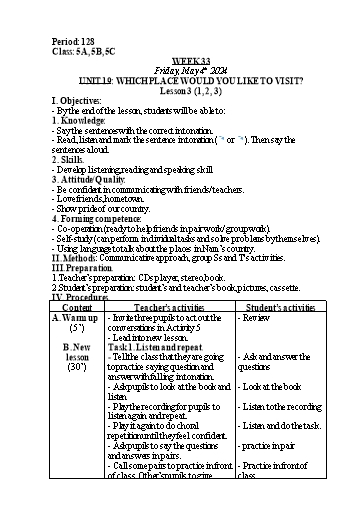 Kế hoạch bài dạy Tiếng Anh Lớp 5 - Tuần 33 - Unit 19 + Unit 20 - Năm học 2023-2024 - Nguyễn Lê Vân Anh