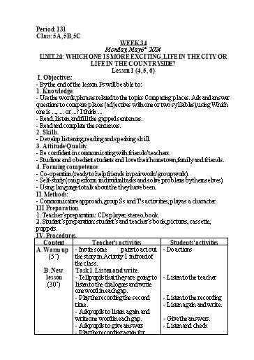 Kế hoạch bài dạy Tiếng Anh Lớp 5 - Tuần 34 - Unit 20: Which one is more exciting, life in the city or life in the countryside - Năm học 2023-2024 - Nguyễn Lê Vân Anh