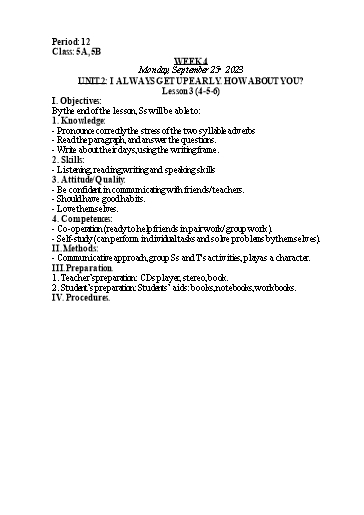 Kế hoạch bài dạy Tiếng Anh Lớp 5 - Tuần 4 - Unit 2 + Unit 3 - Năm học 2023-2024 - Nguyễn Lê Vân Anh