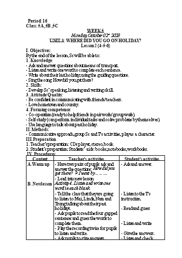 Kế hoạch bài dạy Tiếng Anh Lớp 5 - Tuần 5 - Unit 3 + Unit 4 - Năm học 2023-2024 - Nguyễn Lê Vân Anh