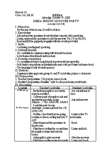Kế hoạch bài dạy Tiếng Anh Lớp 5 - Tuần 6 - Unit 4: Did you go to the party - Năm học 2023-2024 - Nguyễn Lê Vân Anh