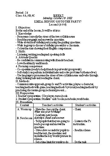 Kế hoạch bài dạy Tiếng Anh Lớp 5 - Tuần 7 - Unit 4 + Unit 5 - Năm học 2023-2024 - Nguyễn Lê Vân Anh
