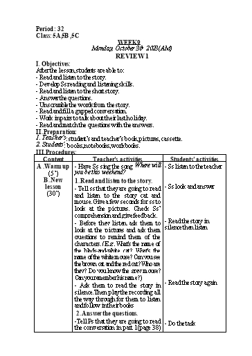 Kế hoạch bài dạy Tiếng Anh Lớp 5 - Tuần 9 - Test 1 - Năm học 2023-2024 - Nguyễn Lê Vân Anh